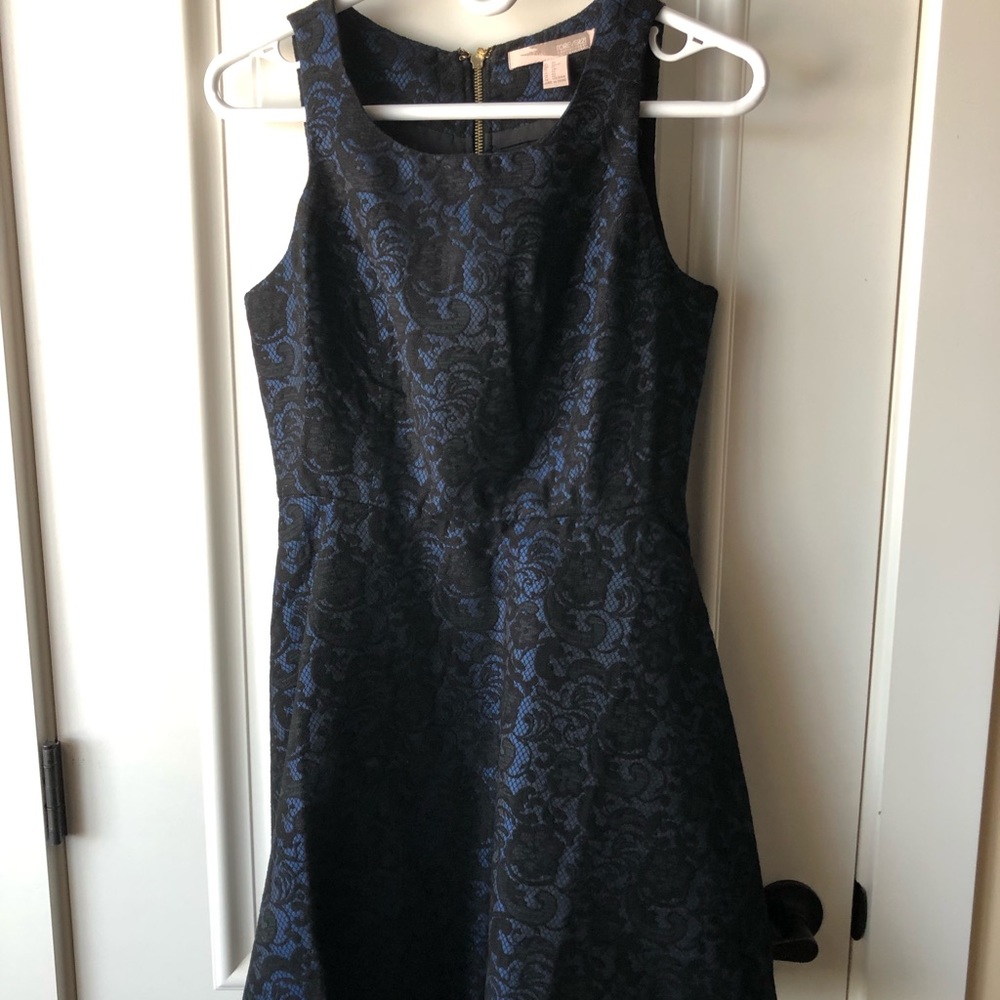 Navy Blue and Black Lace Print Dress